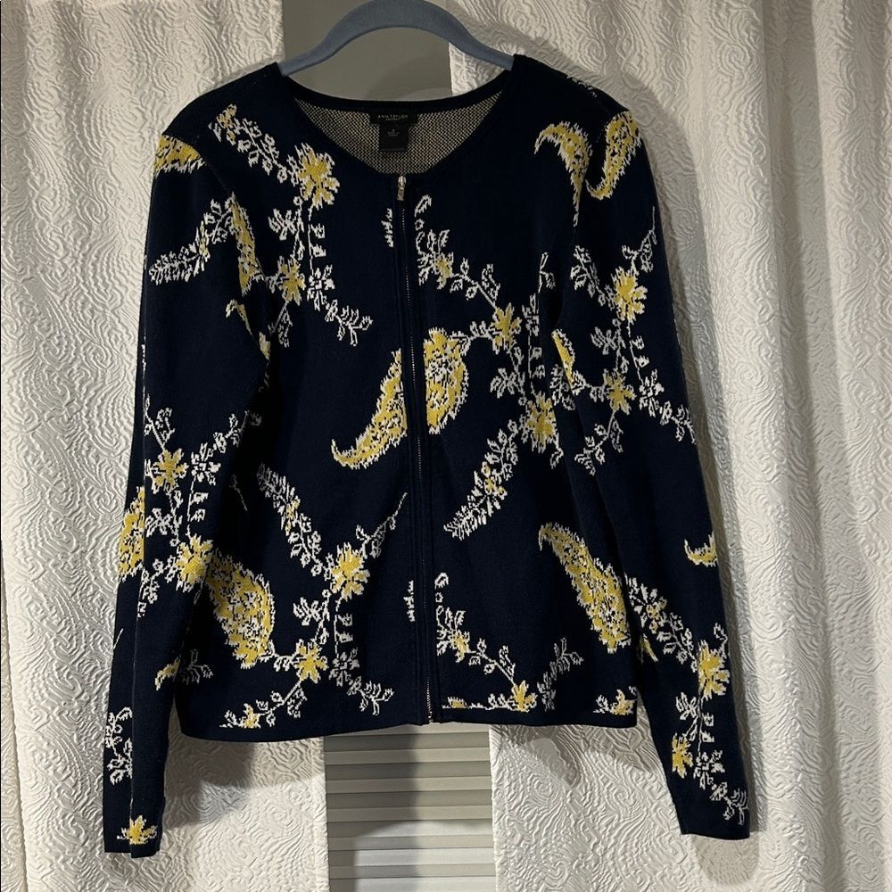 Ann Taylor Navy Floral 100% Cotton Zip Cardigan Small